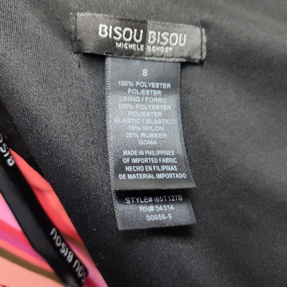 Bisou Bisou Michele Bohbot Dress 8  Pink Coral Black Flower Sheer  3/4 Sleeves - Picture 10 of 11